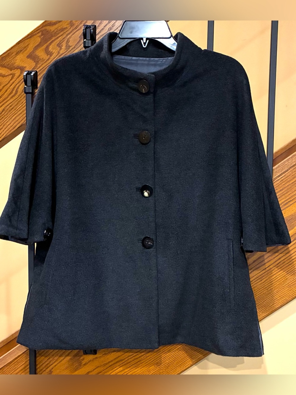 Kinji Cape Coat Button Front & Sleeves Pockets Cashmere Wool Blend Gray SZ. Med